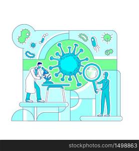 Virology science thin line concept vector illustration. Scientists, biologists 2D cartoon characters for web design. Lab workers studying coronavirus cell. Laboratory analysis creative idea. Virology science thin line concept vector illustration