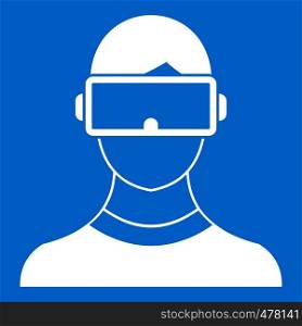 Virtual 3d reality goggles icon white isolated on blue background vector illustration. Virtual 3d reality goggles icon white