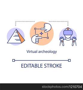 Virtual archeology concept icon. Computer modeling, visualization of historic monuments. Virtual travel ancient monuments idea thin line illustration. Vector isolated outline drawing. Editable stroke