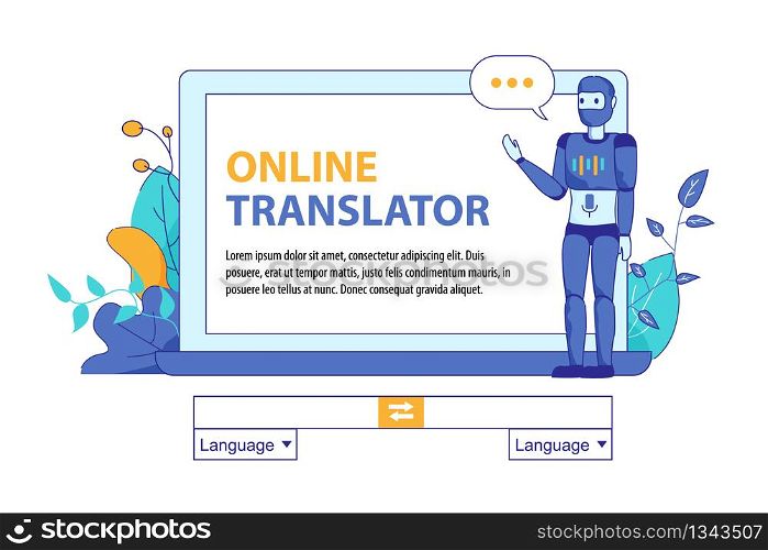 Virtual Assistant Client for Online Translation. Artificial Intelligence in Help to People Language Understanding. Talking Android Robot front of PC Screen. Mockup Web in Floral Design. Bot Artificial Intelligence for Online Translation