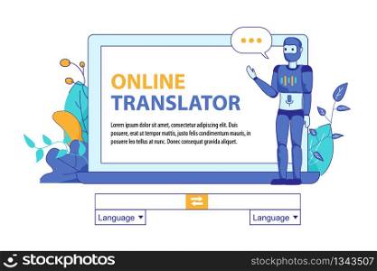 Virtual Assistant Client for Online Translation. Artificial Intelligence in Help to People Language Understanding. Talking Android Robot front of PC Screen. Mockup Web in Floral Design. Bot Artificial Intelligence for Online Translation