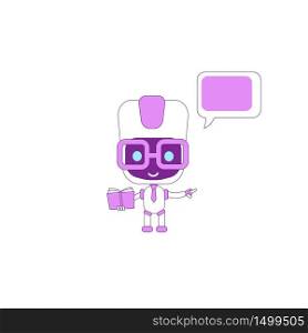 Virtual assistant flat color vector character. Boy bot holding book. AI point direction. Purple humanoid robot with speech bubble isolated cartoon illustration for web graphic design and animation