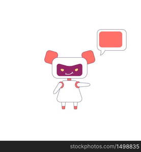 Virtual assistant flat color vector character. Girl bot with smirk point direction. Red humanoid robot with speech bubble isolated cartoon illustration for web graphic design and animation