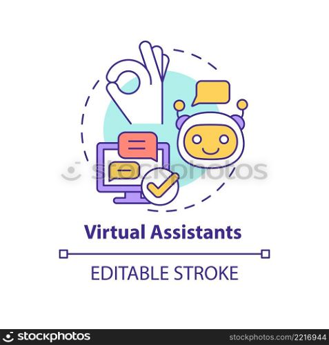 Virtual assistants concept icon. Usage of AI in marketing. Advertising trend abstract idea thin line illustration. Isolated outline drawing. Editable stroke. Arial, Myriad Pro-Bold fonts used. Virtual assistants concept icon