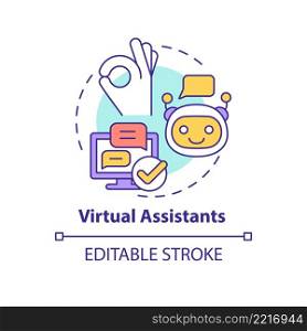 Virtual assistants concept icon. Usage of AI in marketing. Advertising trend abstract idea thin line illustration. Isolated outline drawing. Editable stroke. Arial, Myriad Pro-Bold fonts used. Virtual assistants concept icon