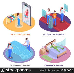 Virtual augmented reality 4 round isometric compositions with ar clothes fitting room interactive museum entertainment vector illustration