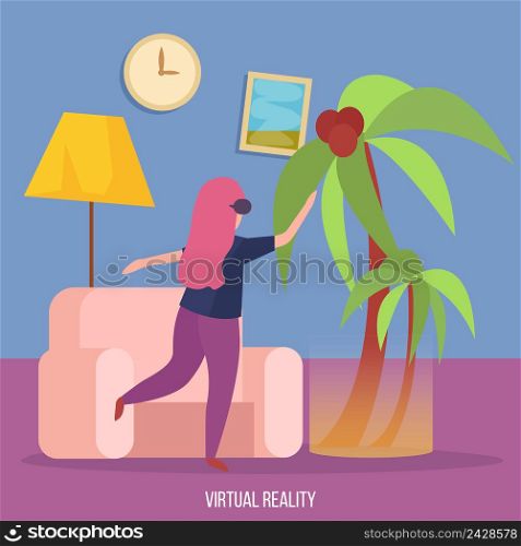 Virtual augmented reality experience orthogonal background with young lady in vr glasses dancing under palm vector illustration . Virtual Reality Orthogonal Background