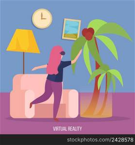 Virtual augmented reality experience orthogonal background with young lady in vr glasses dancing under palm vector illustration . Virtual Reality Orthogonal Background