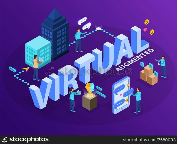 Virtual augmented reality experience software allowing users visualizing objects with tablets mobiles isometric infographic composition vector illustration