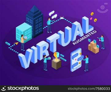 Virtual augmented reality experience software allowing users visualizing objects with tablets mobiles isometric infographic composition vector illustration