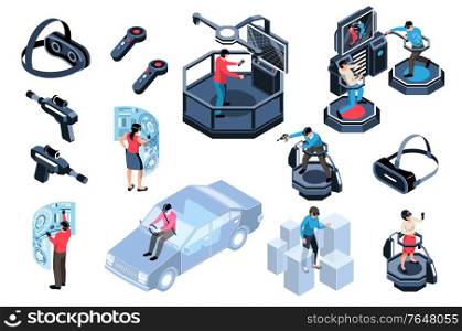 Virtual augmented reality icons set with people portable devices simulators isolated on white background 3d vector illustration