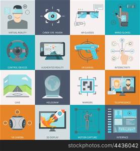 Virtual Augmented Reality Icons. Small image like icons set of different virtual augmented reality gadgets flat vector illustration