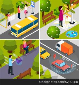 Virtual Augmented Reality Isometric Icon Set. Four square virtual augmented reality 360 degree isometric icon set with people and smartphones vector illustration