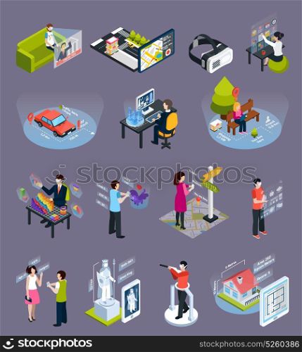 Virtual Augmented Reality Isometric Icons Set . Virtual augmented reality 360 degree elements isometric icons collection with goggles visors smart phones isolated vector illustration