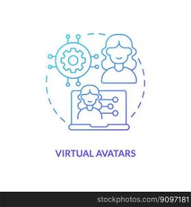 Virtual avatars blue gradient concept icon. Realistic models. Synthetic data solution for metaverse abstract idea thin line illustration. Isolated outline drawing. Myriad Pro-Bold font used. Virtual avatars blue gradient concept icon
