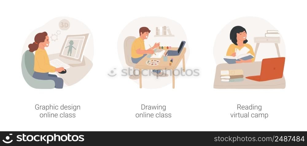 Virtual camps for schoolgraders isolated cartoon vector illustration set. Graphic design online class, drawing and sketching lesson for children, reading virtual camp, 3D modelling vector cartoon.. Virtual camps for schoolgraders isolated cartoon vector illustration set.