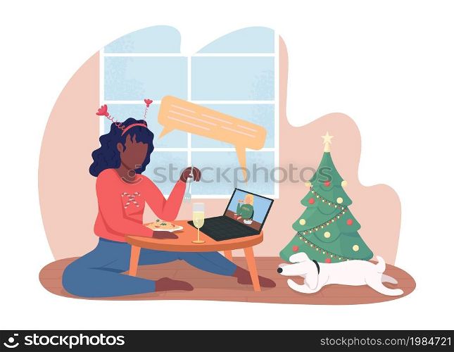 Virtual Christmas dinner 2D vector isolated illustration. Girl on video call with friend flat characters on cartoon background. Social distancing on festive holidays colourful scene. Virtual Christmas dinner 2D vector isolated illustration