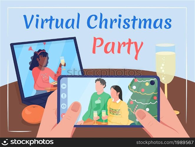 Virtual Christmas party poster flat vector template. Festive holiday. Brochure, booklet one page concept design with cartoon characters. New Year celebration flyer, leaflet with copy space. Virtual Christmas party poster flat vector template