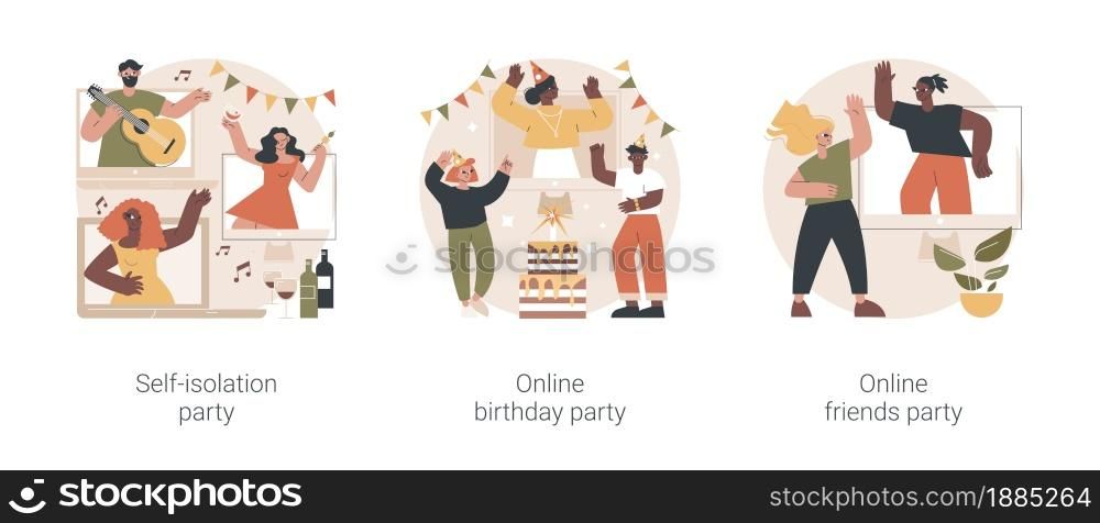 Virtual communication abstract concept vector illustration set. Self-isolation party, online birthday, online friends meeting, video call, quarantine fun, coronavirus outbreak abstract metaphor.. Virtual communication abstract concept vector illustrations.