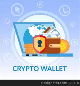 Virtual Crypto Wallet. Bitcoin Dollar Online Bank Banner Vector Illustration. Cryptocurrency Exchange. Internet Payment Financial Investment. Electronic Transaction Currency Rate Blockchain. Crypto Wallet Bitcoin Dollar Online Bank Banner