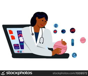 Virtual doctor offering medication via internet. Happy female doctor giving online consultation. Quick doctor consultation with computer or mobile device. Vector Illustration.. Virtual doctor offering medication via internet.