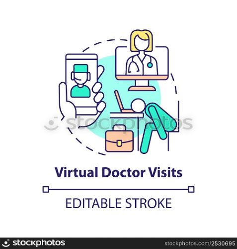 Virtual doctor visits concept icon. Remote consulting. Mental health trend at work abstract idea thin line illustration. Isolated outline drawing. Editable stroke. Arial, Myriad Pro-Bold fonts used. Virtual doctor visits concept icon