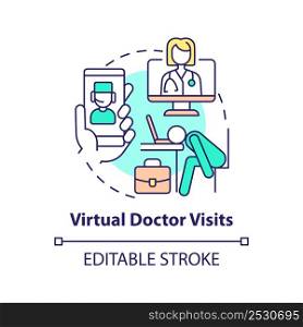 Virtual doctor visits concept icon. Remote consulting. Mental health trend at work abstract idea thin line illustration. Isolated outline drawing. Editable stroke. Arial, Myriad Pro-Bold fonts used. Virtual doctor visits concept icon