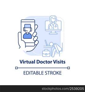 Virtual doctor visits light blue concept icon. Telehealth care. Mental health at work abstract idea thin line illustration. Isolated outline drawing. Editable stroke. Arial, Myriad Pro-Bold fonts used. Virtual doctor visits light blue concept icon