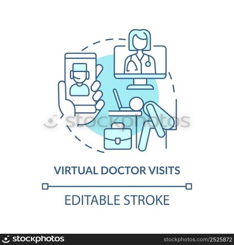 Virtual doctor visits turquoise concept icon. Remote consult. Mental health at work abstract idea thin line illustration. Isolated outline drawing. Editable stroke. Arial, Myriad Pro-Bold fonts used. Virtual doctor visits turquoise concept icon