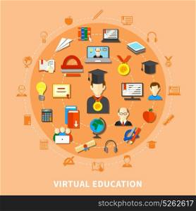 Virtual Education Composition. Virtual education flat composition with isolated icon set combined in big circle vector illustration