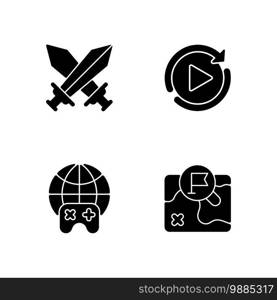 Virtual entertainment black glyph icons set on white space. Internet game, PVP mode, restart and map silhouette symbols. Online gaming, trendy pastime. Videogame signs. Vector isolated illustrations. Virtual entertainment black glyph icons set on white space