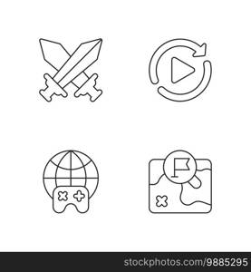 Virtual entertainment linear icons set. Internet game, PVP mode, restart and map customizable thin line contour symbols. Videogame signs. Isolated vector outline illustrations. Editable stroke. Virtual entertainment linear icons set