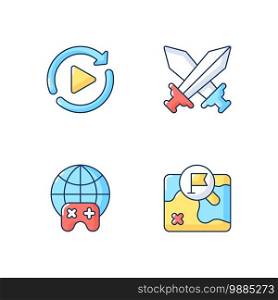 Virtual entertainment RGB color icons set. Internet game, PVP mode, restart and map. Online gaming, trendy pastime. Videogame signs. Isolated vector illustrations. Virtual entertainment RGB color icons set