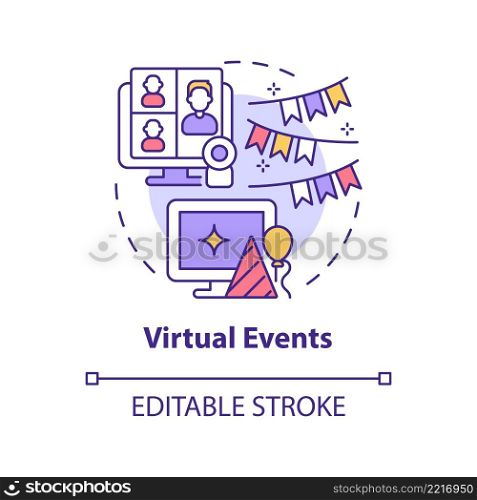 Virtual events concept icon. Advertisement campaign. Marketing trend abstract idea thin line illustration. Isolated outline drawing. Editable stroke. Arial, Myriad Pro-Bold fonts used. Virtual events concept icon
