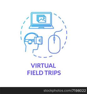 Virtual field trip blue concept icon. VR glasses for student education. Digital museum. Studying during quarantine idea thin line illustration. Vector isolated outline RGB color drawing