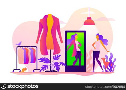 Virtual fitting room, online dressing, e-commerce clothing room concept. Colorful vector isolated concept illustration with tiny people and floral organic elements. Hero image for website.. Virtual fitting room vector concept vector illustration.
