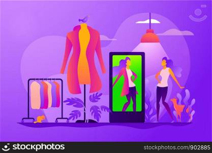 Virtual fitting room, online dressing, e-commerce clothing room concept. Colorful vector isolated concept illustration with tiny people and floral organic elements. Hero image for website.. Virtual fitting room vector concept vector illustration.