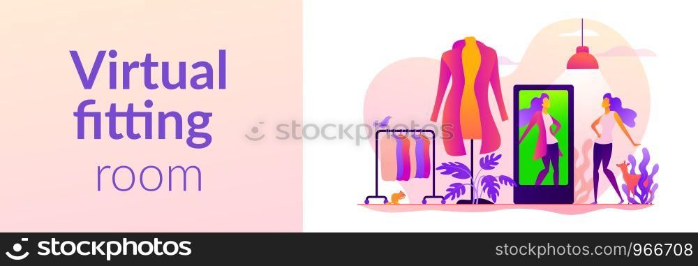 Virtual fitting room, online dressing, e-commerce clothing room concept. Vector banner template for social media with text copy space and infographic concept illustration.. Virtual fitting room vector web banner concept.