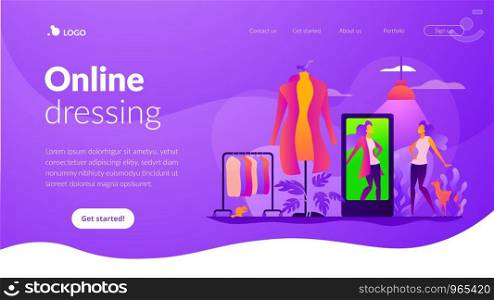 Virtual fitting room, online dressing, e-commerce clothing room concept. Website interface UI template. Landing web page with infographic concept creative hero header image.. Virtual fitting room vector landing page template.
