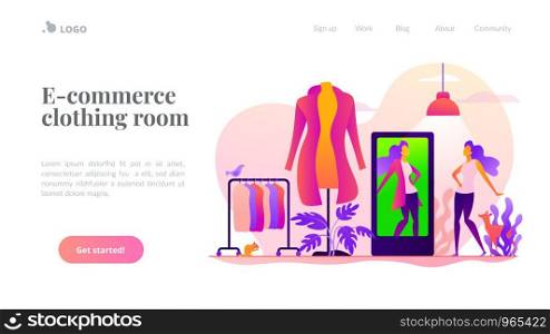 Virtual fitting room, online dressing, e-commerce clothing room concept. Website interface UI template. Landing web page with infographic concept creative hero header image.. Virtual fitting room vector landing page template.
