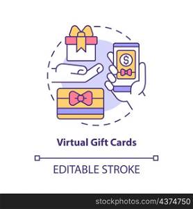 Virtual gift cards concept icon. Online voucher. Touchless system abstract idea thin line illustration. Isolated outline drawing. Editable stroke. Roboto-Medium, Myriad Pro-Bold fonts used. Virtual gift cards concept icon