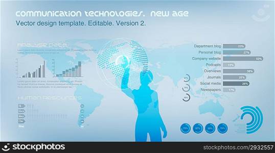 Virtual Girl operating Globe. World map on the background. Future technology concept. Design template. Vector. Editable.