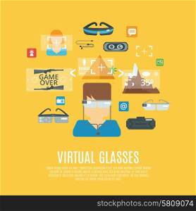 Virtual glasses concept with cyberspace electronic equipment flat icons set vector illustration. Virtual Glasses Flat