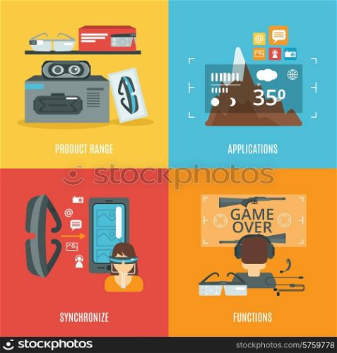 Virtual glasses design concept set with product range and applications flat icons isolated vector illustration. Vitrual Glasses Flat