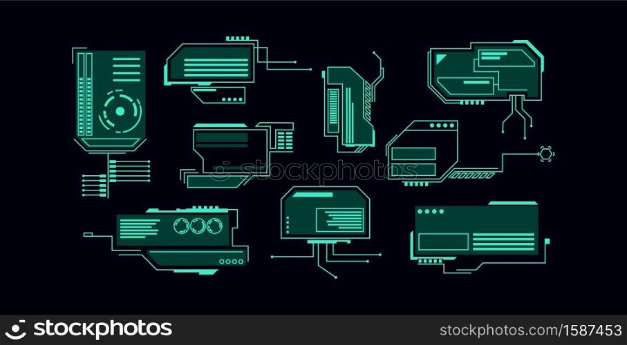 Virtual graphic control panel. Green luminescent futuristic navigation display, abstract visualization user interactive dashboard, shining vr menu panel, future vector isolated on black illustration. Virtual graphic control panel. Green luminescent futuristic navigation display, abstract visualization user interactive dashboard, shining vr menu panel, future vector illustration
