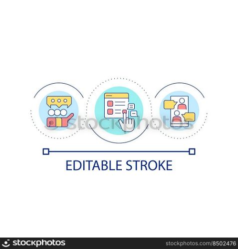 Virtual group communication loop concept icon. Collaboration among employees abstract idea thin line illustration. Live chat with teammates. Isolated outline drawing. Editable stroke. Arial font used. Virtual group communication loop concept icon