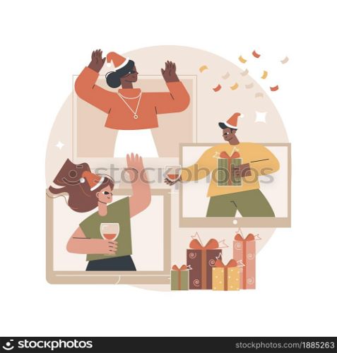 Virtual Holiday party abstract concept vector illustration. Online celebration, virtual office party, playing games, digital greeting idea, corporate event, quarantine fun abstract metaphor.. Virtual Holiday party abstract concept vector illustration.