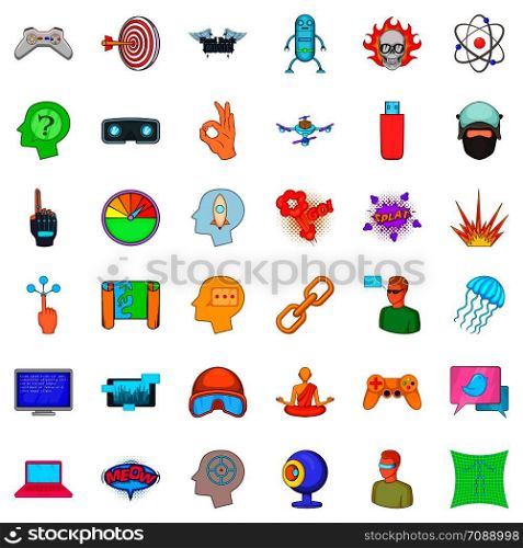 Virtual icons set. Cartoon style of 36 virtual vector icons for web isolated on white background. Virtual icons set, cartoon style