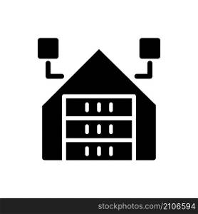 Virtual information warehousing black glyph icon. Data mining technique. Digital storage for large data massives. Future technology. Silhouette symbol on white space. Vector isolated illustration. Virtual information warehousing black glyph icon