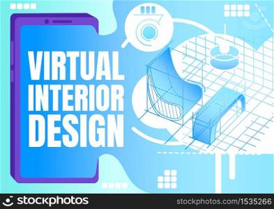 Virtual interior design banner flat vector template. Brochure, poster concept design with cartoon characters. Computer simulation for modeling horizontal flyer, leaflet with place for text. Virtual interior design banner flat vector template